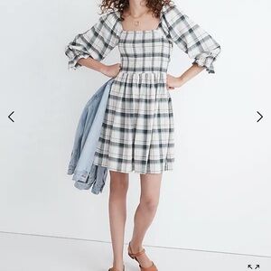 Madewell Lucie Elbow-Sleeve Smocked Mini Dress in Lebaum Plaid